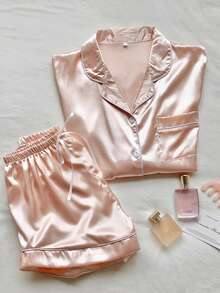 SHEIN Comfortcana Bộ đồ ngủ satin cài nút phía trước có viền tương phản - Màu Hồng baby - Xem 7