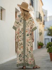 Louniche Robe longue décontractée pour femmes, imprimée, col V, manches mi-longues, décoration de boutons, coupe ample, convient pour les vacances, les promenades en ville, les loisirs en plein air. Robe longue pour le printemps et l'été - Multicolore - Voir 2