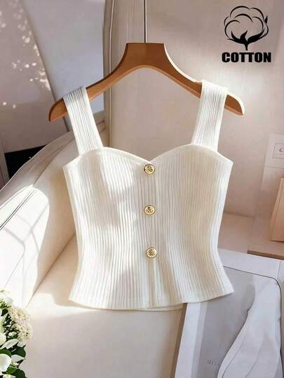 Franclia Nueva primavera/verano Elegante chaleco sin mangas blanco con botones decorativos, top de tirantes elegante para damas, adecuado para primavera, verano, vacaciones, salidas, Y2K, casual, playa, negocios, versátil, sexy