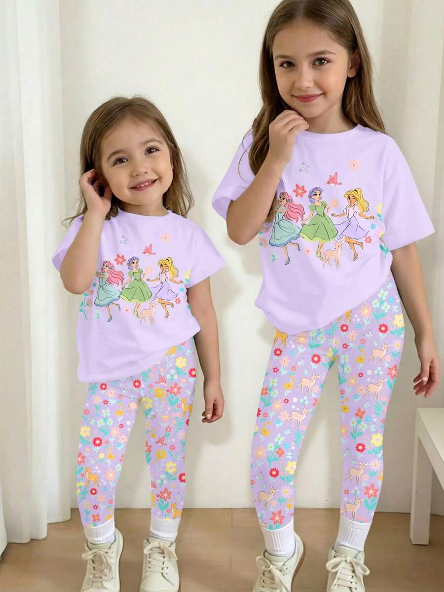 紫色少女春夏套装,甜美可爱公主风,波西米亚风印花,休闲宽松圆领短袖T恤搭配修身休闲打底裤,适合春夏日常穿着、度假休闲,感受春日气息和夏日氛围。舒适百搭,时尚小女孩套装,休闲装扮,公主风,花朵图案T恤套装,春夏套装,新款,清爽舒适,春日氛围,夏日休闲风 - 彩色 - 查看 1
