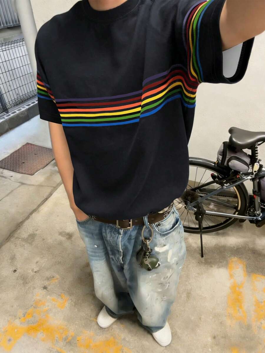 Resyla Men Men's Loose Fit Short Sleeve T-Shirt, Rainbow Striped Print Pattern, Stylish Design, Casual Tee For Daily Wear, Office Outfit, Summer - Multicolor - View 1