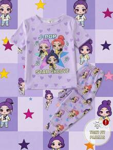 两件套女童卡通印花睡衣，紫色和紫红色爱心图案针织弹力柔软短袖上衣和裤子，可爱甜美睡衣套装 - 紫色 - 查看 4