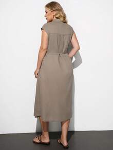 Maija Plus Size Women's Brown Summer Smart Casual Shirt Dress Solid Color Pleated Waist Tie Button Down Vacation Holiday Elegant Office Work Midi Dresses - Khaki - View 8