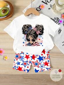 Girls (Small) Cartoon Print Round Neck Short Sleeve T-Shirt And Star Print Shorts Set - Multicolor - View 4
