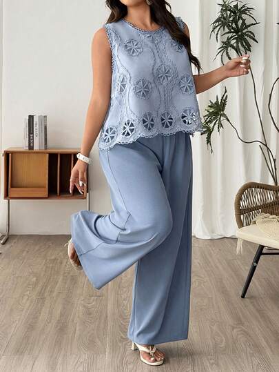 Lacomfia Women's Elegant Minimalist Round Neck Hollow Floral Sleeveless Top & Solid Color Wide Leg Pants Set, Plus Size, Summer
