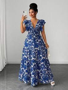 Clasi Vestido de manga corta con cuello en V y estampado de bloques de color para tallas grandes - Azul y blanco - Ver 4