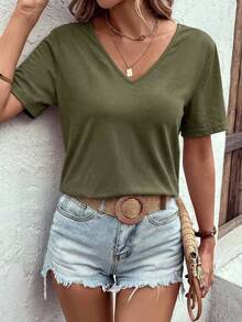 SHEIN VCAY Camiseta de manga corta con empalme de unicolor simple para mujer, verano - Verde militar - Ver 4