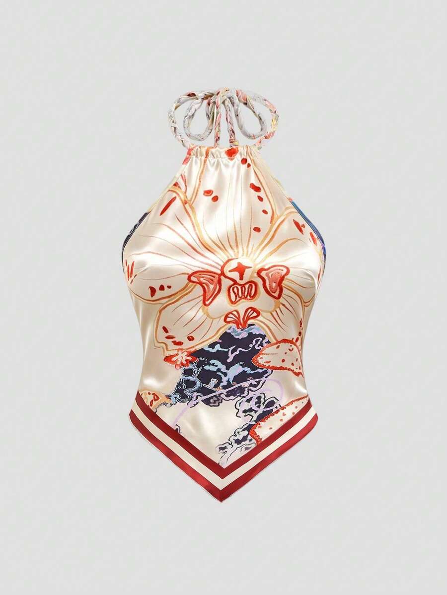 Sweetra 双面钩针编织吊带无袖印花吊带背心，适合海滩和夏季度假 - 杏色 - 查看 1