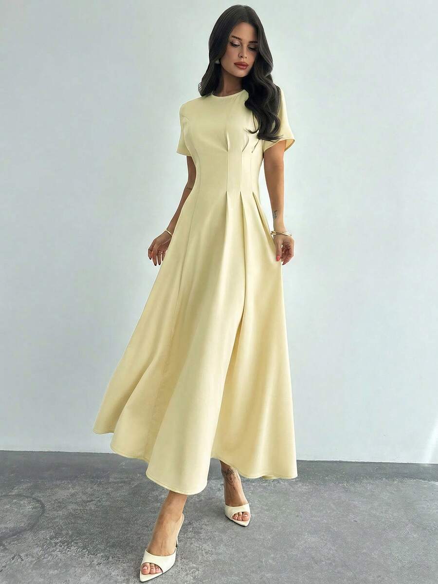 Firerie 女款優雅淡黃色百褶仿亞麻洋裝,夏季休閒極簡風陽光裙,適合早午餐、海灘婚禮賓客、辦公室與畢業禮服 - 淡黃色 - 查看 1