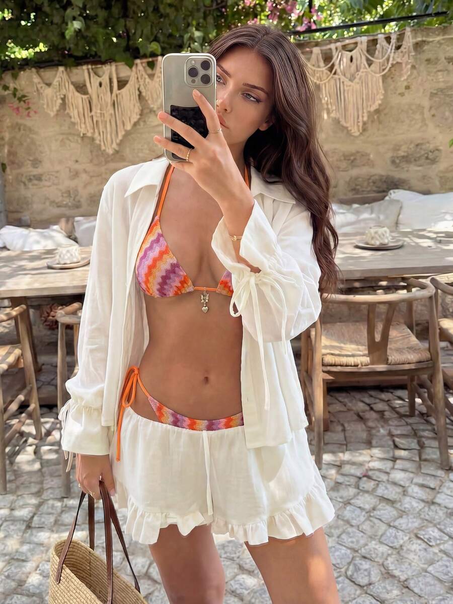 Sunnyshic Set Bikini Wanita Musim Panas dengan Atasan Model Halter Strap dan Tali Segitiga Ikat Samping
