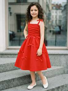 SHEIN Tween Girl Fashion Elegant Solid Color 3D Ribbon Bow Shoulder Ruched Strap Maxi Dress, Suitable For, Party And Events, Spring/Summer New Arrival - Red - View 4