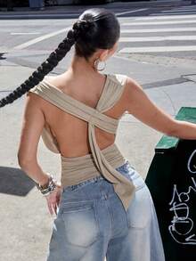 Denimoi Top asimétrico con cuello y espalda descubierta, cintura fruncida, top sexy y de moda - Caqui - Ver 2