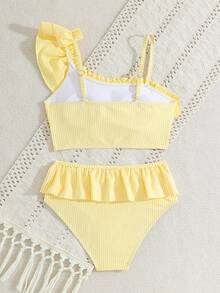 SHEIN Tween Girls Bikini Sets, Blue & White Striped Cute Ruffled Asymmetric Shoulder Adjustable Strap Ruffled Hem Triangle Swimsuit Two Pieces Swimwear Set - Yellow - View 2