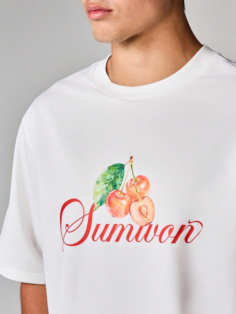 Cherry Print Summer Script Short Sleeve Crew Neck Regular Fit Tee Casual Graphic Design Fruit Motif Everyday Wear - White - View 1
