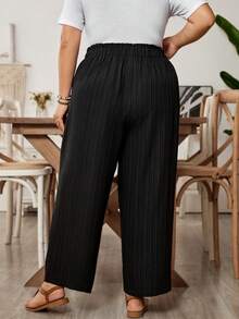 SHEIN CURVE+ 大码休闲纯色宽松长裤，适合夏季/乡村/海滩度假穿着/海滩装/沙滩服饰 - 黑色 - 查看 2