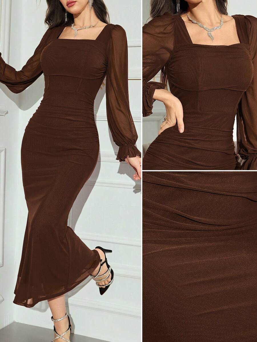 Modelyn Women's Solid Color Mesh Contrast Long Sleeve Casual Dress Long Evening Dresses