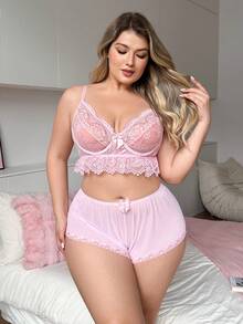 PetitDoll 2pcs Plus Size Lace Patchwork Lingerie Set - Pink - View 6