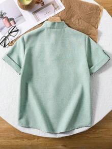 SHEIN 男童纯色休闲立领短袖衬衫 - 薄荷绿 - 綠色 - 查看 2