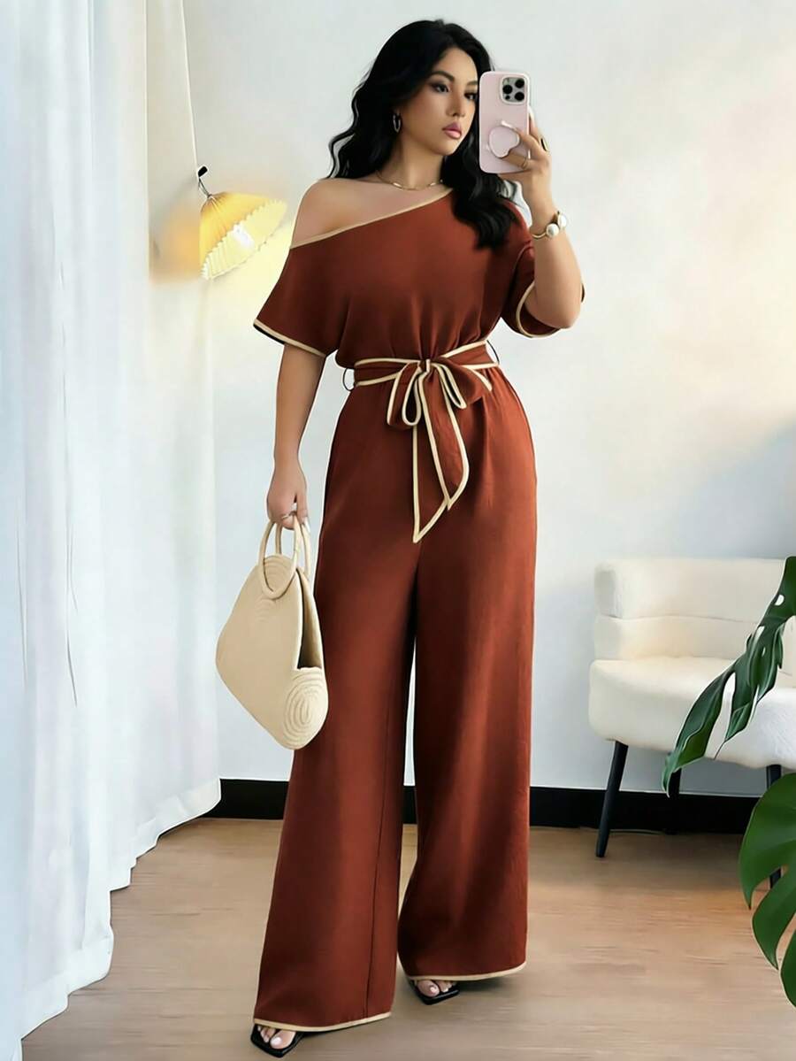 Rafferiza Quần ống loe thoải mái, cổ bất đối xứng, chất liệu mềm mại, cạp chun co giãn, màu kaki, thích hợp cho kỳ nghỉ xuân/hè. - Gỗ đỏ - Xem 1