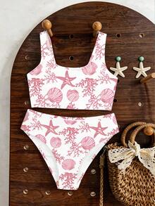 SHEIN Young Girl Starfish & Shell Print Tankini Swimwear Set, Suitable For Summer - Multicolor - View 4