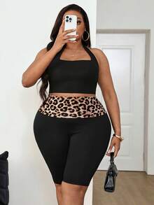 SHEIN PETITE CURVE 大码女式豹纹休闲基础款打底裤，适合夏季穿着，中长款，适合娇小身材，高腰设计，适合休闲、运动、夏季穿搭、嘉年华服装、度假装扮 - 黑色 - 查看 9