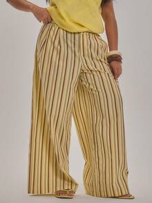 MUSERA Plus Size Striped Tailored Wide Leg Trousers Spring Summer Elegant Holiday Vacation Beach Late Checkout Fall - Multicolor - View 2