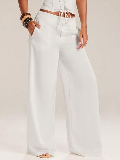 SHEIN BAE Quần satin nữ dáng rộng, cạp cao, tối giản, thanh lịch, phù hợp cho các sự kiện trang trọng, tiệc tùng và hẹn hò. Quần trắng, quần ống rộng, quần satin, tôn lên vẻ thanh lịch duyên dáng.