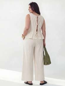 Solavibe Plus Size Women 2 Pieces Set: Sleeveless Top With Ruffle Hem And Pants Beach Formal Vacation Outfits For Woman Beige Summer Elegant - White - View 1