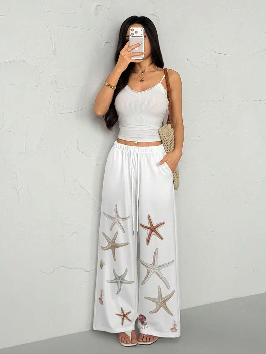 SHEIN PETITE 女士抽绳腰带口袋海星印花宽松阔腿运动裤，适合毕业季、返校季穿着，也适合教师穿着。 - 白色 - 查看 1