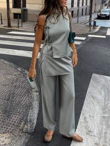 Siren Gaze Women's Sage Green Summer Chic Brunch Two Piece Set,Asymmetrical Wrap Top High Waist Wide Leg Pants,Elegant Business Casual Office Brunch Wear Outfits - Grey - View 5