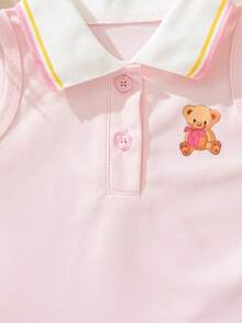 SHEIN 法式风格 0-3 岁女童浅粉色夏季连衣裙，饰有小熊图案，女婴条纹翻领无袖连衣裙，适合上学、玩耍和其他场合 - 粉色 - 查看 7