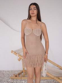 Andrea Bello Shell Cup Tassel Hem Spaghetti Strap Fitted Mini Dress, Bohemian, Boho, Vacation, Suitable For Valentine's Day Date, Spring/Summer - Khaki - View 4