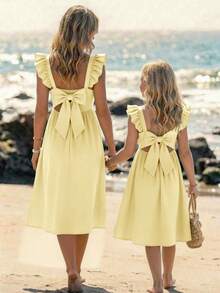SHEIN Tween Girl Elegant Bowknot Decor Ruffle Trim Flutter Sleeve Dress - Yellow - View 8