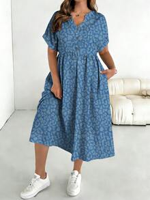 SHEIN Essnce Đầm dự tiệc thường ngày dáng suông, cổ chữ V, in họa tiết toàn thân, dành cho nữ, cỡ lớn. - Nhiều màu - Xem 3