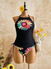 Swim Lushoire Women's Floral Print Halter Neck Drawstring Side Top And Triangle Casual Tankini Set,Summer Beach - Multicolor - View 7