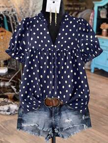 Linhara Damen Große Größen Vintage Polka Punkt Puffärmel V-Ausschnitt Rüschen Saum Locker Olivgrün Lässig Bluse, geeignet für Arbeit, Strand, Alltag, Frühling & Sommer Neu - marineblau - Übersicht 1