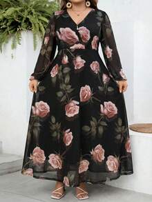 SHEIN CURVE+ Plus Size Floral Print Long Sleeve Vacation Dress - Multicolor - View 5
