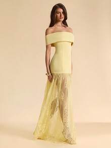 SHEIN BAE Yellow Off Shoulder Sleeveless Lace Patchwork See-Through Dress, Yellow Dress, Elegant Dress - Yellow - View 4