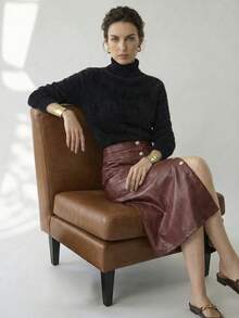Uhlyne Uhlyne 女式纯色立领休闲长袖针织套头衫 - 黑色 - 查看 1