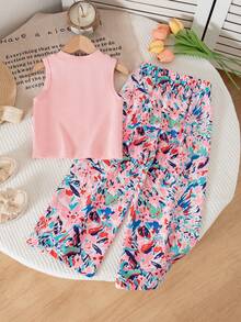 SHEIN Bộ đồ 2 món cho bé gái mùa hè, gồm áo tay ngắn và quần ống rộng cạp chun, thích hợp cho kỳ nghỉ và du lịch. - Hồng - Xem 2