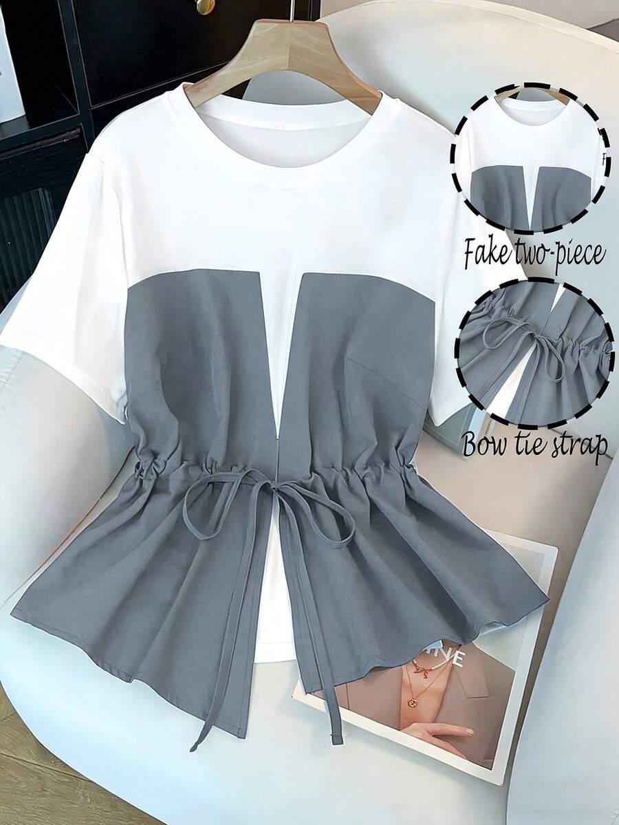 Áo thun nữ cỡ lớn mùa xuân hè, phối màu, cổ tròn, tay raglan, eo thon, dáng rộng, suông, thoải mái, mặc hàng ngày, thời trang, đi nghỉ mát, đa năng 2 trong 1. - Nhiều màu - Xem 1