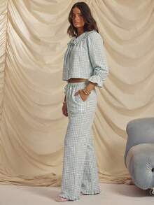 Aralina 两件套睡衣，纯色印花红色格纹领结长袖衬衫搭配阔腿裤，带荷叶边细节，可爱圣诞睡衣套装 - 淺藍色 - 查看 9