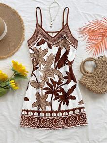 Soleia Đầm dáng suông tối giản, phong cách Bohemian thanh lịch, cổ điển, họa tiết hoa dừa, màu nâu và xanh dương, thích hợp cho kỳ nghỉ hè. Đầm ngắn hai dây thoải mái dành cho nữ, thích hợp cho mùa xuân/hè. - Nhiều màu - Xem 5