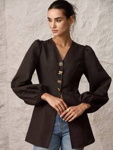 Modelyn Blusa elegante de mujer con mangas de farol, unicolor, decoración de botón metálico y cintura - Café integral - Ver 9