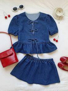 Brillora 女士休闲度假通勤条纹印花荷叶边上衣（前系结）及半裙套装，夏季 - 深色水洗藍 - 查看 6