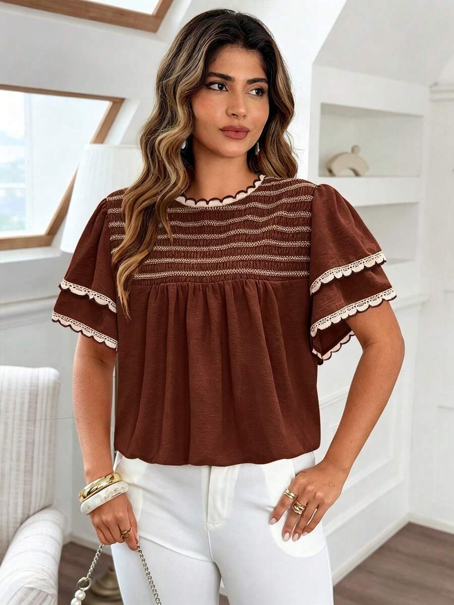 Vionelle Plus Size Elegant Bohemian Style Double-Layer Ruffle Trim Patchwork Casual Blouse Holiday White Summer - Brown - View 1
