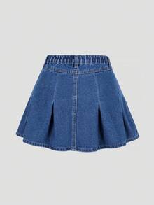 女童牛仔A字百褶裙，浅蓝色牛仔布，松紧腰，百搭时尚设计，舒适棉质牛仔面料，适合夏季度假、日常穿着、上学、通勤、户外聚会等场合，夏季牛仔裙 - 深色水洗藍 - 查看 3