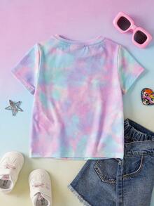 THE POWERPUFF GIRLS X SHEIN 年轻女孩休闲度假通勤趣味卡通字母扎染印花短袖T恤，夏季 - 彩色 - 查看 2