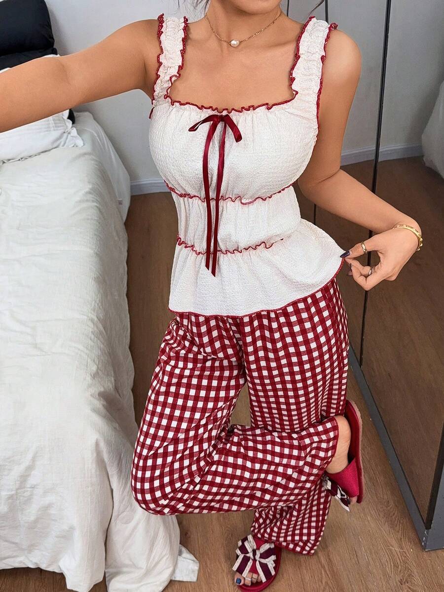 Napfluff Square Neck Camisole Top & Plaid Print Pants Women Pajama Set - Multicolor - View 1