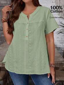 EMERY ROSE Plus Size Women Casual Commuting Mesh Embroidered Short Sleeve Blouse - Green - View 7